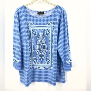 Bob Mackie Top Womens 2X Wearable Art Stretch Geometric Boho Indie Artsy Comfy